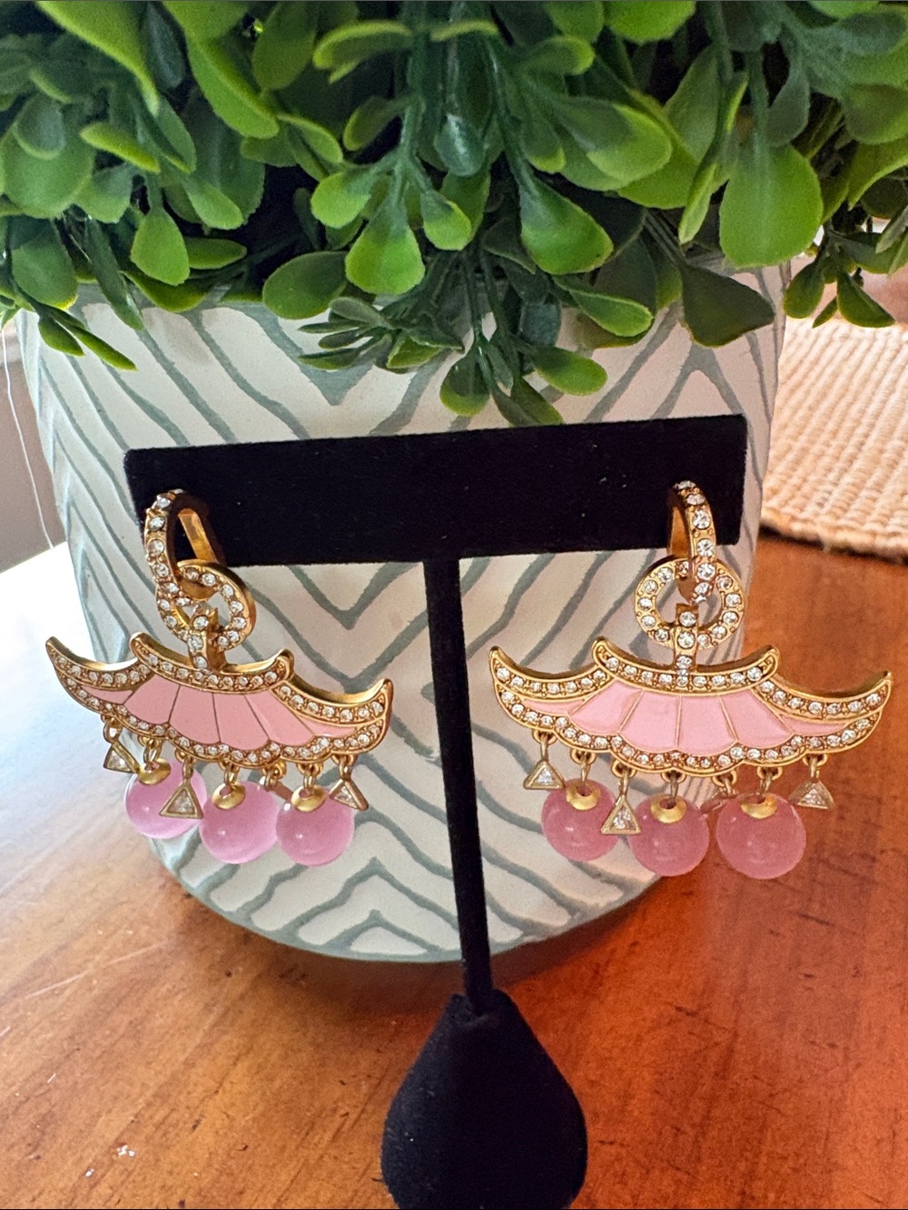 Gold & Pink Crystal Chandbali Drop Earrings - Picture 2 of 4